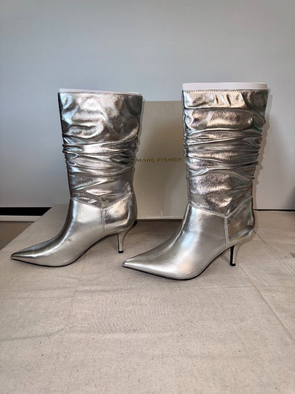 Womens 9 Marc Fisher Manya2 High Heel Slouch Boots Silver Metallic Manya Shiny